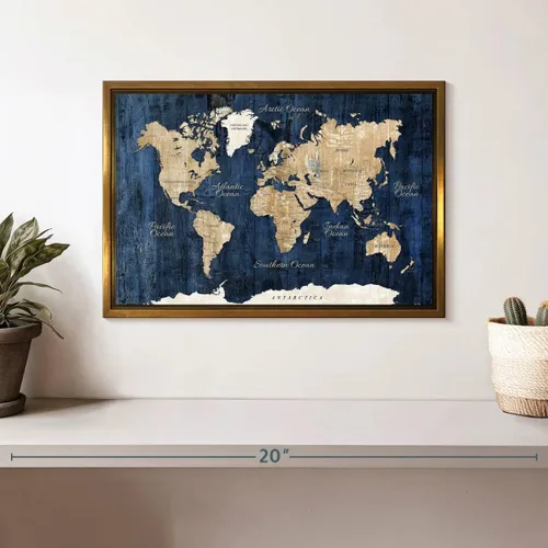 Vista 2 de ElephantStock - Wood Textured World Map Wall Art - Horizontal Floating Framed Canvas - Dining Room Wall Decor - Digital Art Map Framed Canvas Art
