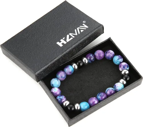 Vista 6 de HZMAN Beaded Bracelets for Men Women 10mm Natural Lava Rock Black Onyx Tiger Eye Stone Hematite Beads Bracelet Relief Anxiety Yoga Bracelet Elastic