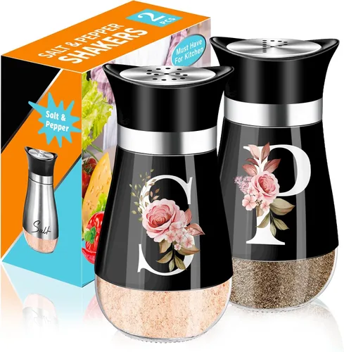 Vista 8 de Juego de salero y piminero, decoración de cocina negra de 4 oz, dispensador de especias clásico de acero inoxidable y vidrio, diseño recargable