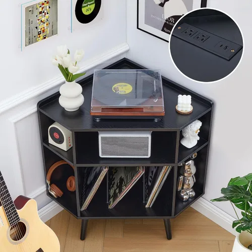 Vista 3 de Soporte esquinero para tocadiscos con estación de carga y puertos USB, gabinete de almacenamiento de discos de vinilo moderno de 3 niveles