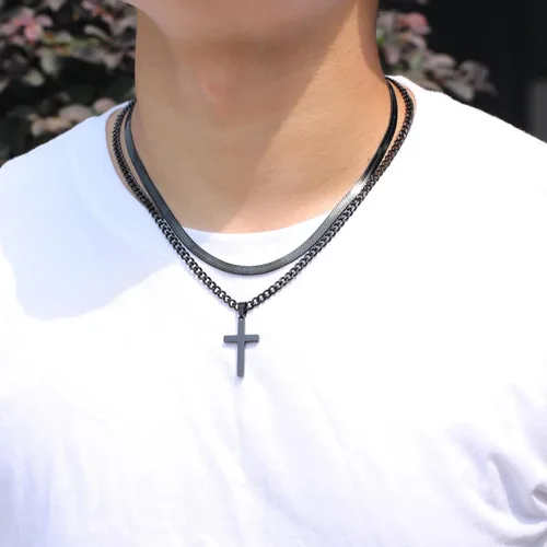Vista 2 de Zocomi Collar de cruz para hombres y niños, de acero inoxidable en capas, cadena de espiga cubana, colgante de cruz religiosa, joyería de moda