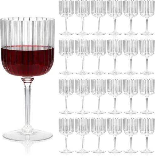 Vista 7 de Jingmore Paquete de 12 copas de vino de plástico acanaladas con tallo de 11 onzas, copas de vino desmontables, desechables, estilo vintage