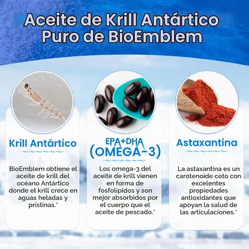 Vista 3 de BioEmblem Aceite de Krill Antártico - 1000 mg de aceite Omega-3, EPA, DHA, 180 cápsulas blandas 3pack_60 cápsula