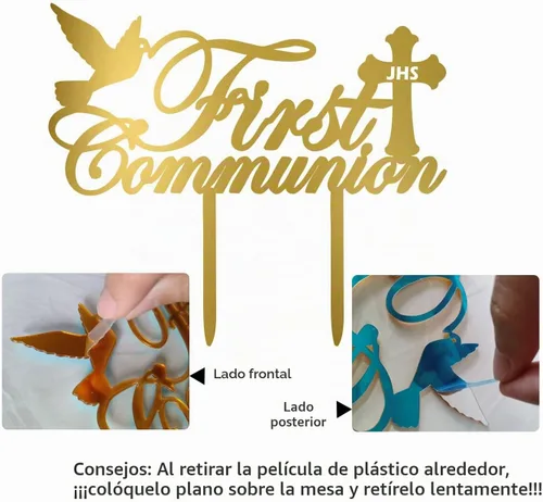 Vista 5 de Decoración para tartas de la primera comunión, acrílico reutilizable, decoración de pastel de primera comunión, bautizo para niños