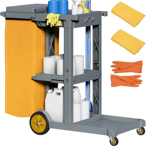Vista 7 de YITAHOME Carrito de limpieza con ruedas, carritos de limpieza negros, carrito comercial de plástico tradicional de 3 estantes con tapa y 2 bolsas