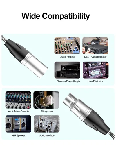 Vista 6 de Cable XLR corto de 3 pies, cable de extensión de micrófono XLR macho a hembra con 3 pines, cables XLR blindados de alta calidad, cables de micrófono