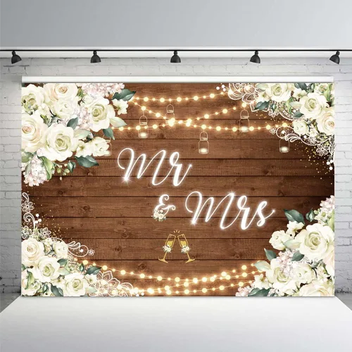 Vista 3 de MEHOFOND Telón de fondo personalizado de 7x5 pies Sr. y Sra. para despedida de soltera, personalización de boda, fondo de madera, novia y novio