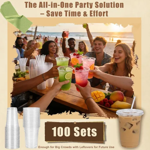 Vista 5 de Zcaukya Paquete de 100 vasos de plástico de 16 onzas con tapas y pajitas, vasos transparentes desechables para café helado, refrescos, batidos