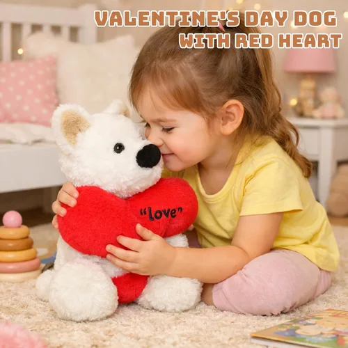 Vista 6 de Juguete de peluche suave de 10 pulgadas para el día de San Valentín, West Highland con corazón rojo, bonito regalo romántico para novia, esposa