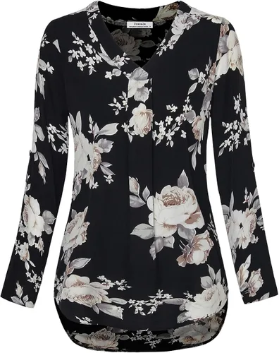 Vista 4 de Youtalia - Blusa casual de mujer con cuello en V, estampada, de gasa, con mangas de 34 con puños, estilo casual