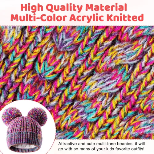 Vista 3 de Winter Hat for Kids Toddler Children, Girls Beanie with Double Pom Pom Warm Fleece Lined, Girls Accessories Knit Beanies Cap