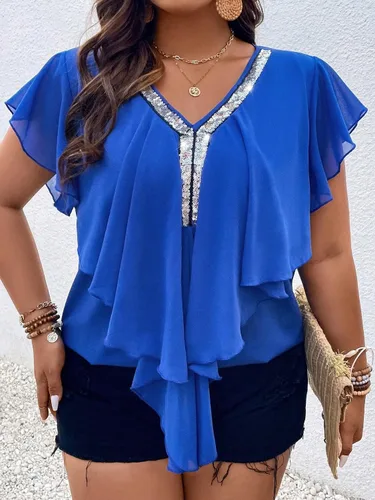 Vista 4 de SOLY HUX Women's Plus Size Glitter Sequin V Neck Blouse Shirt Ruffle Short Sleeve Summer Tunic Tops