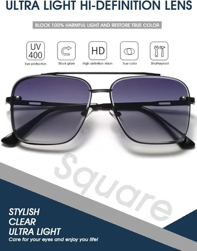 Vista 5 de PORADAY Gafas de sol cuadradas de aviador para hombres y mujeres, a la moda, de gran tamaño, gafas de sol de piloto, montura de metal vintage, tonos