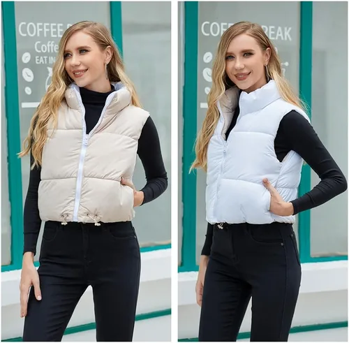 Vista 6 de Chaleco corto de invierno para mujer, ligero, reversible, cálido, chaleco acolchado, chaleco acolchado