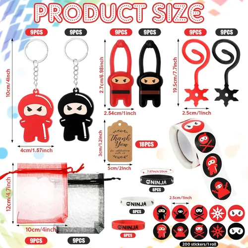 Vista 2 de HyDren 109 piezas de recuerdos de fiesta de ninja para 18 invitados, incluyen Ninja Slingshot Sticky Stretch Toys Llaveros de goma, calcomanías