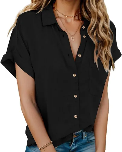 Vista 13 de HOTOUCH Camisas de Lino para Mujer con Botones Blusas de Manga Corta de Algodón Cuello en V con Cuello Tops de Gasa con Botones S-3XL