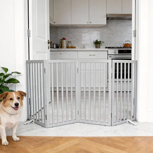 Vista 21 de Puerta para perros para interiores, valla independiente para perros, para la casa, puertas, pasillos o escaleras, puerta para mascotas plegable