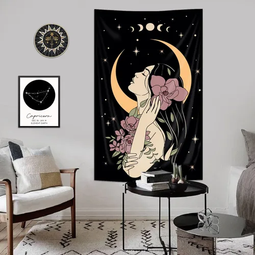 Vista 5 de Riyidecor Tapiz vertical de mujer misteriosa de fase lunar, bohemio, pequeño, gótico, para colgar en la pared, plantas florales, hojas estrelladas