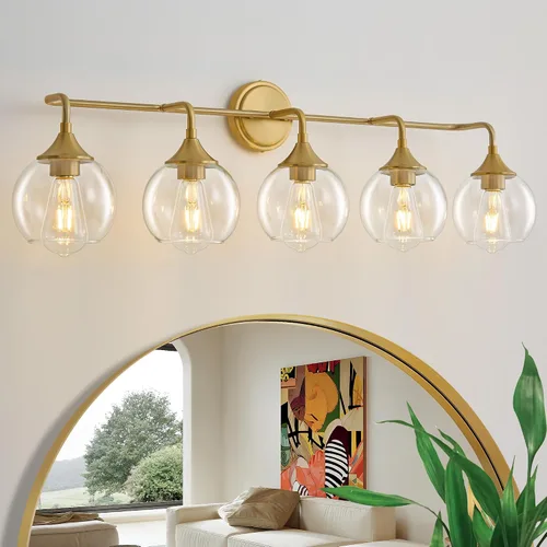 Vista 18 de Lámpara de Tocador de Baño Dorada con Pantalla de Vidrio Transparente, Base E26, Luminarias de Baño de 2 Luces Sobre Espejo, Luces de Tocador de 14