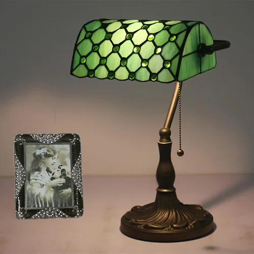 Vista 6 de Bankers Lamp Green Tiffany Antique Table Vintage Glass Retro with Pull Switch E27 Bedside Office Light for Desk Livingroom