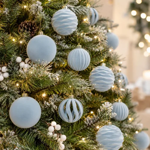 Vista 2 de Adornos de terciopelo de 3.15 pulgadas para árbol de Navidad, juego de 12 Azul empolvado