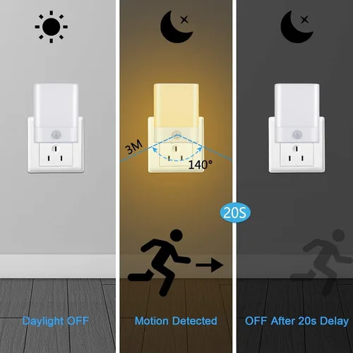 Vista 3 de Luz nocturna LED enchufable, luz nocturna con sensor de movimiento con brillo ajustable, 3 modos de iluminación automático/apagado para niños