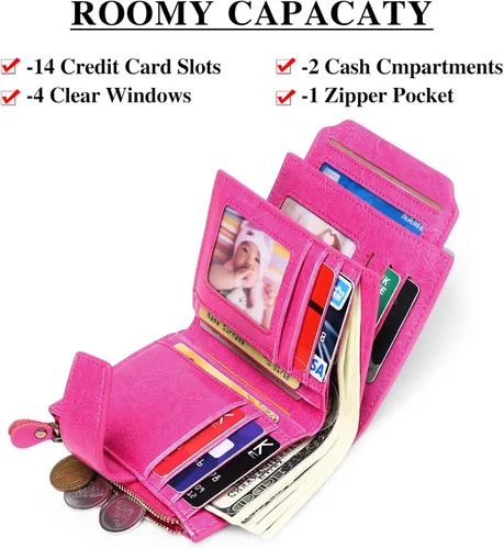 Vista 2 de FALAN MULE Cartera pequeña para mujer, de piel auténtica, plegable, compacta, con bloqueo RFID, pequeña cartera para mujer, Rosa Rojo, Casual