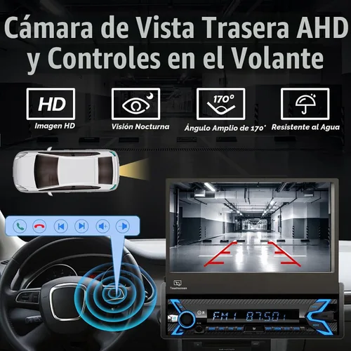 Vista 6 de Estéreo de automóvil de un solo DIN compatible con Apple Carplay y Android Auto, pantalla táctil HD plegable motorizada con flip de 7 pulgadas