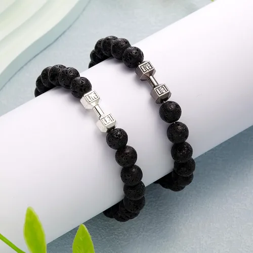 Vista 2 de Harlermoon Pulsera de gimnasia con mancuernas para hombres y mujeres, piedra de lava, ajustable, cuentas de piedra natural, pulsera de fitness