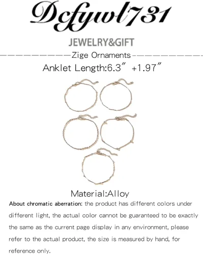 Vista 6 de Dcfywl731 Tobillera de cinco capas para mujer, cadena de cuentas de plata y oro, tobillera para adolescentes y niñas, pulseras de tobillo de varias
