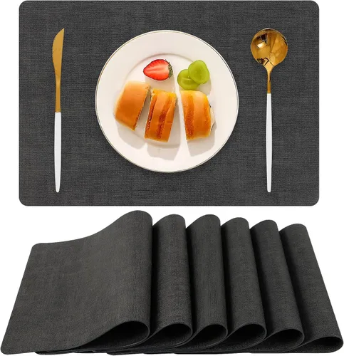 Vista 12 de Juego de 6 manteles individuales de piel sintética (beige) Heat Resistant Wipeable Washable Place Mats, Waterproof Anti-Slip Dining Table Mats