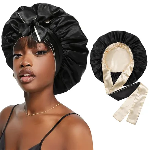 Vista 11 de Gorra de seda lavanda por marca – Gorro de dormir con banda elástica para cabello rizado