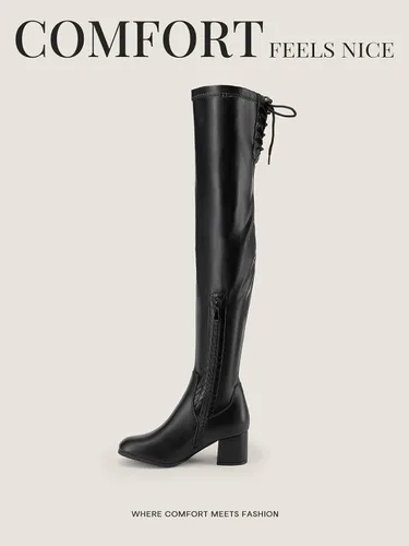 Vista 8 de DREAM PAIRS Laurence - Botas de tacón alto y grueso para mujer, por encima de la rodilla, largas, elásticas y sexis, para otoño