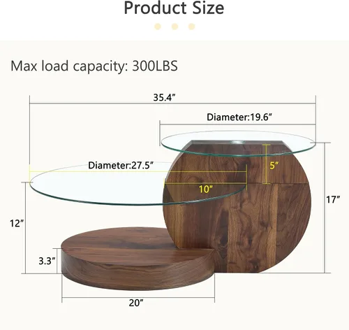 Vista 2 de Ebullient Mesa de centro redonda moderna de cristal, 3 niveles con base de madera, mesa central geométrica para sala de estar, muebles de acento
