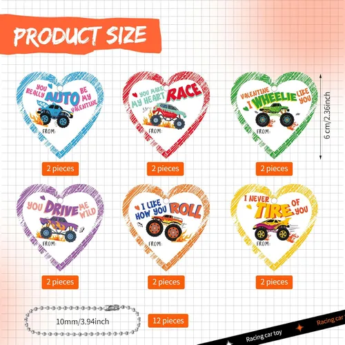 Vista 3 de Juego de 12 tarjetas de regalo de autos de carreras de fundición a presión para el día de San Valentín para estudiantes, camiones accionados por