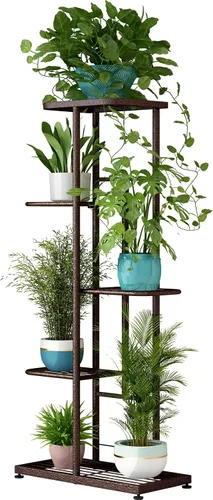 Vista 12 de LINZINAR Soporte de metal para plantas de 4 niveles y 5 macetas, estante múltiple para macetas para interiores y exteriores, unidad de estantería