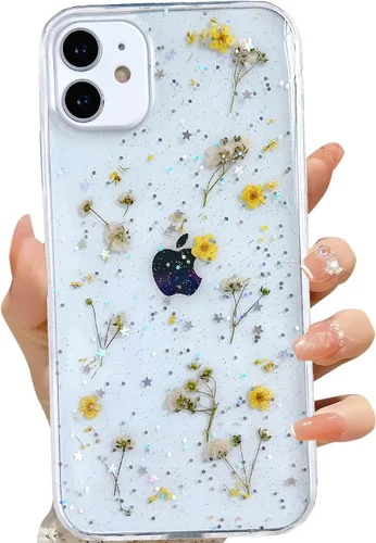 Vista 20 de LSEEKA Funda transparente para iPhone 11 con diseño de flores prensadas reales, linda y brillante, patrón floral rosa, funda protectora delgada