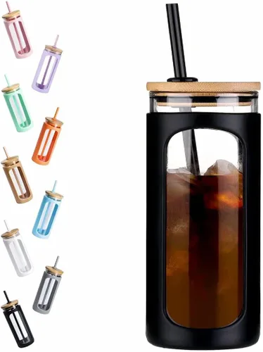 Vista 14 de Kodrine Vaso para agua de vidrio de 20 onzas con popote y tapa, botella de agua con tapas de bambú, taza para café helado, reutilizable, boca ancha