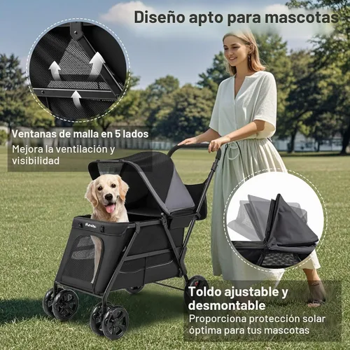 Vista 8 de PETSITE Cochecito para perros de 4 ruedas, cochecito plegable para gatos con entradas dobles, rampa, ventanas de malla, toldo ajustable