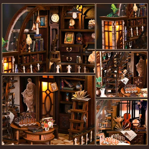 Vista 5 de Kit de casa en miniatura, rompecabezas de madera 3D para adultos, kit de rincón de libro con luz LED táctil, inserto de estantería de biblioteca