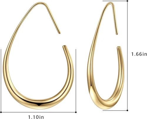 Vista 2 de Aretes de aro ligeros con forma de lágrima para mujer, chapados en oro blanco de 14 quilates, grandes y ovalados, de alto pulido, joyería de regalo