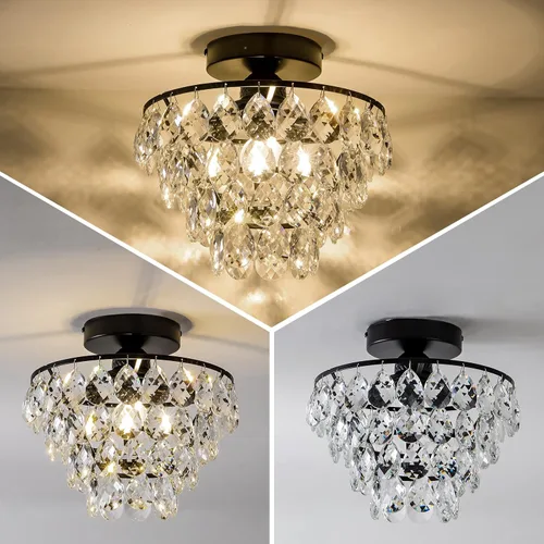 Vista 2 de CM MZY Lámpara de techo moderna de cristal pequeña, lámpara de techo semiempotrada color negro mate, mini candelabros de cristal para pasillo