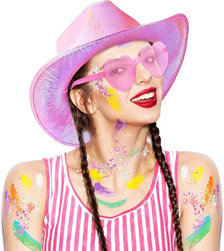 Vista 3 de Coume 23 sombreros de vaquero iluminados, brillantes holográficos, sombreros de vaquera con lentes de sol de corazón para mujer, disfraz de fiesta