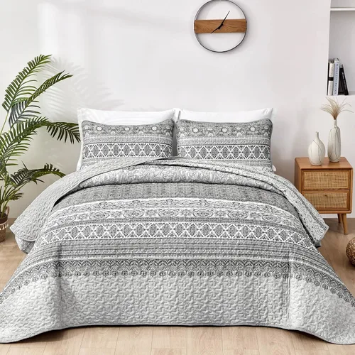 Vista 10 de WONGS BEDDING Juego de edredón bohemio tamaño individual, juego de ropa de cama azul bohemio individual, colcha de microfibra ligera con funda