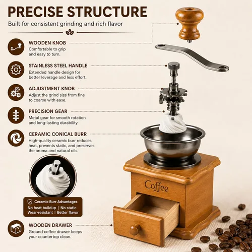 Vista 6 de Molinillo de café manual de madera vintage, molinillo de manivela decorativo retro con rebabas de cerámica, molinillo de granos de café antiguo