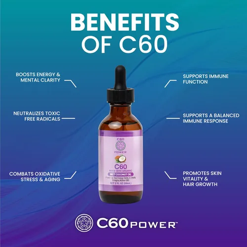 Vista 3 de C60 Power MCT - Aceite de coco orgánico de 2 onzas, 99.99% de fullerenos de carbono puro Levante la carga oxidativa, optimice la función
