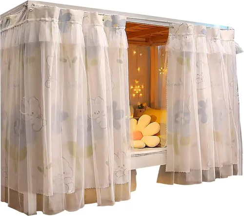 Vista 31 de Cortinas de gasa bonitas genéricas para litera con dosel de cama con encaje, 2 paneles, aguacate