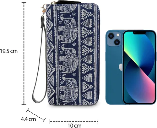 Vista 4 de LATH.PIN RFID Blocking Bohemian Purse Wallet Canvas Elephant Pattern Handbag with Coin Pocket and Strap