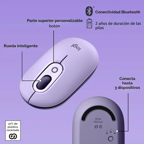 Vista 6 de Logitech POP Mouse, ratón inalámbrico con emojis personalizables, tecnología SilentTouch, desplazamiento de precisión/velocidad, diseño compacto