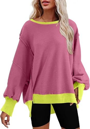 Vista 14 de SHEWIN Sudadera casual de gran tamaño de manga larga con costuras inversas y cuello redondo para mujer Un negro